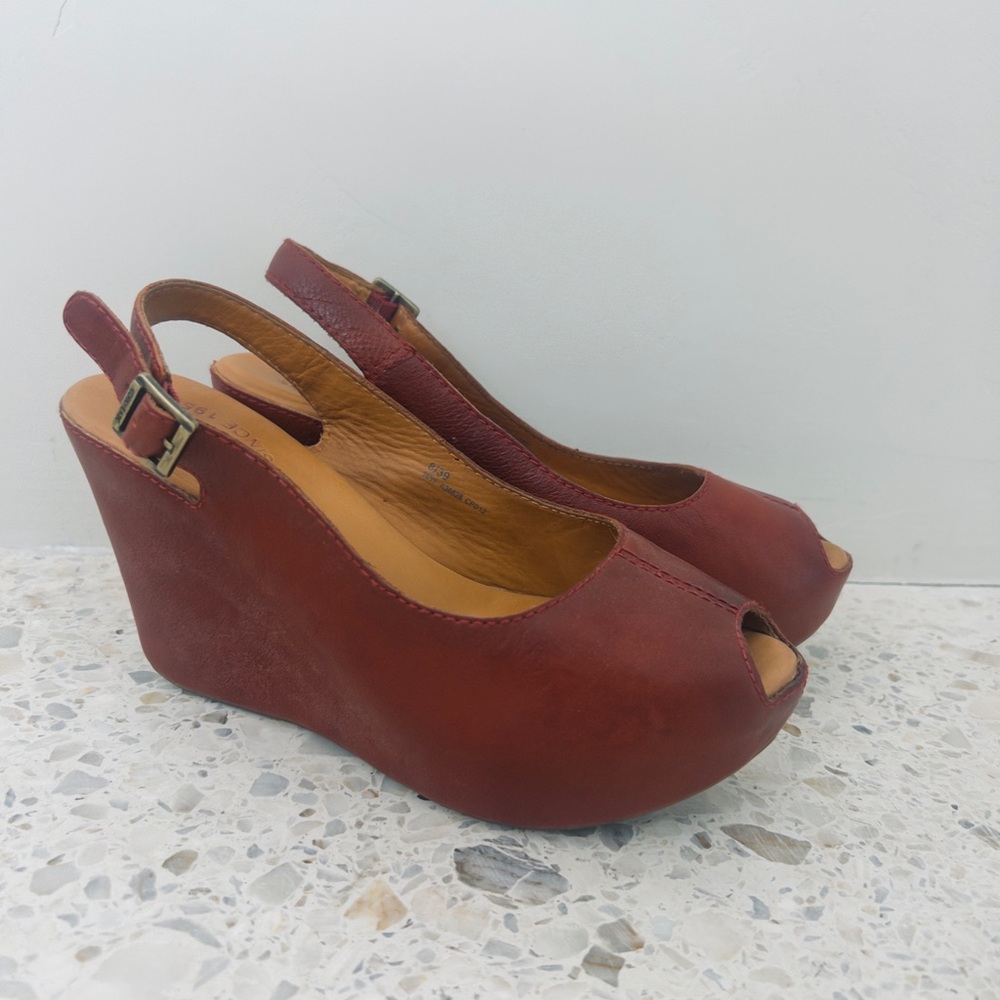 Kork-Ease Burgundy Peep-Toe Wedges